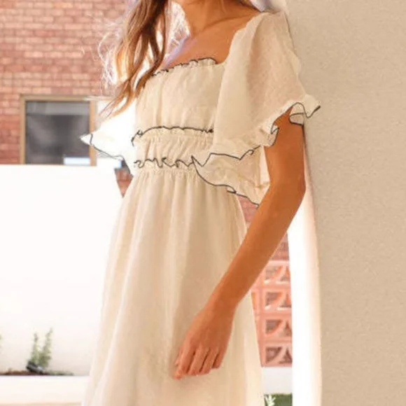 Flutter Sleeve Ruffled Empire Waist Square Neck Contrast Trim Tiered Maxi Dress - Picture 10 of 14